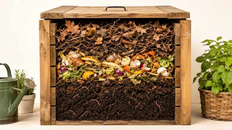 Cross-section of a compost bin showing layers: finished compost at the bottom, food scraps in the middle, dry leaves on top, with worms visible throughout