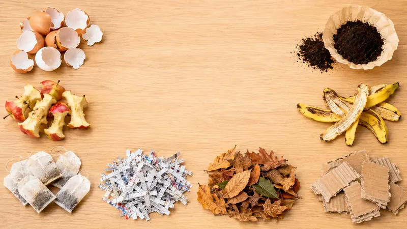 Overhead flat lay of compostable items arranged in groups: eggshells, coffee grounds, apple cores, banana peels, tea bags, shredded newspaper, dry leaves, torn cardboard