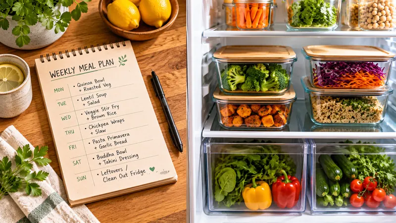 Split image: weekly meal plan notepad on a wooden table, and an organized fridge with glass containers of prepped vegetables