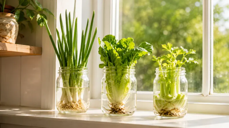 Three glass jars on a sunny windowsill with green onions, romaine lettuce, and celery regrowing in water